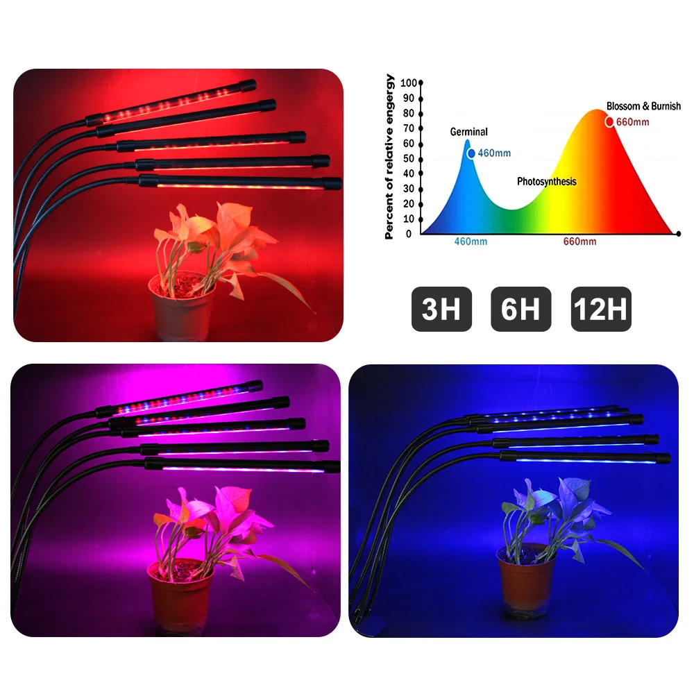 50W Five tube plant lamp LED red blue plant growth lamp DC round head timing clip plant lamp grow light bar