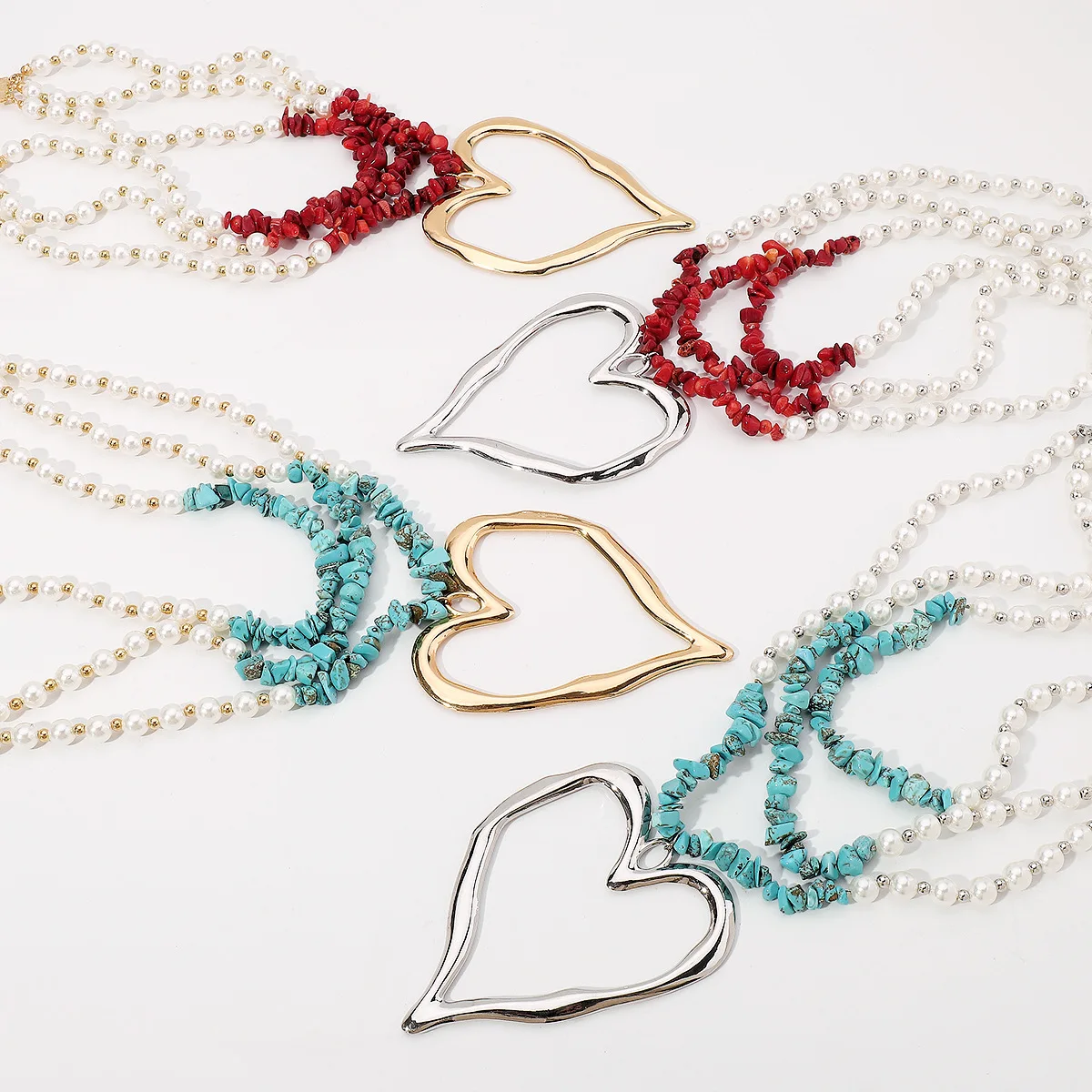Bohemian Style Multi Layer Chunky Large Heart Beaded Necklace Fashion Pearl Turquoise Necklace Jewelry Women
