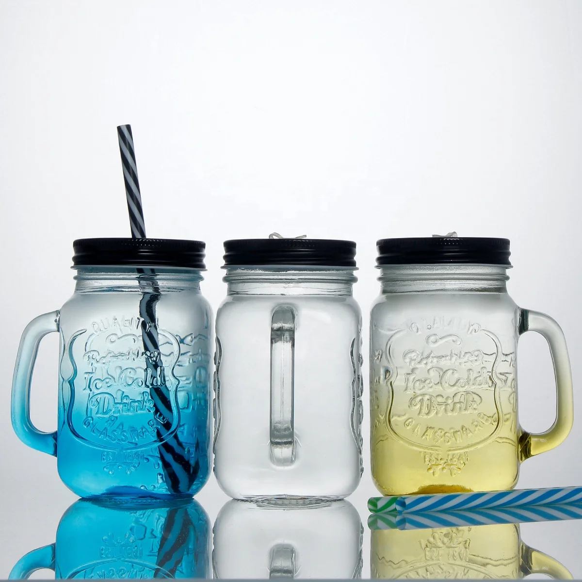 Stocked 8oz 500ml wide mouth glass mason jar with handle and straw