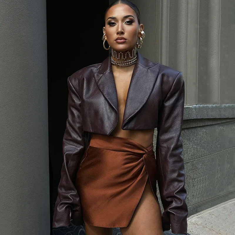 Hanrong Fall Street Brown PU Leather Cardigan Jacket Causal Clothing For Women 2023 Long Sleeve Tailored Collar Slim Crop Jacket