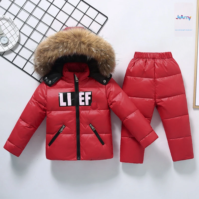 JiAmy Windproof Fur Hood Jacket & Bibs Pants Kids Winter Snowsuit Baby Ski Suit