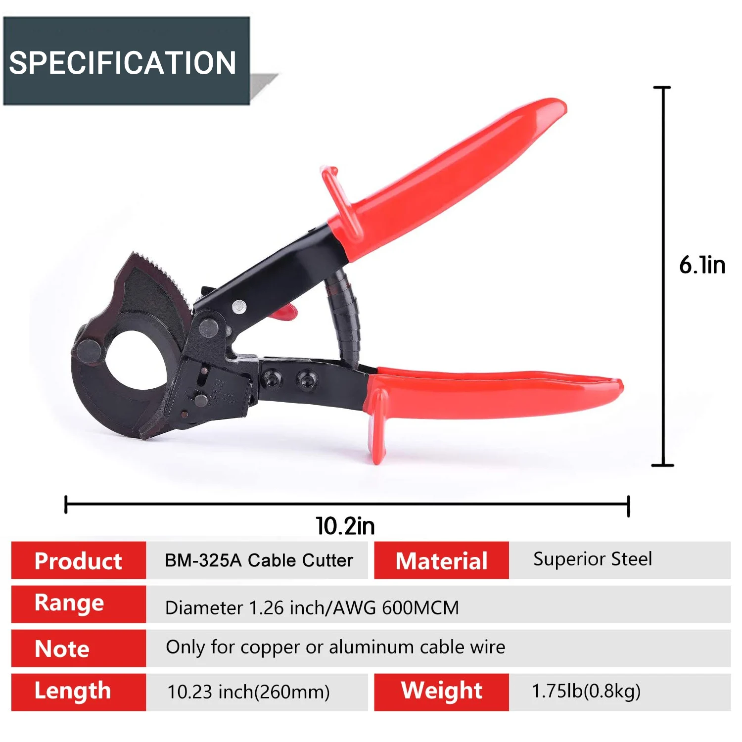 BAYM 325A 240mm2 Heavy Duty Cable Wire Cutters for Aluminum Copper Cable Electrical Wire Up to 600MCM Ratcheting Hand Tool