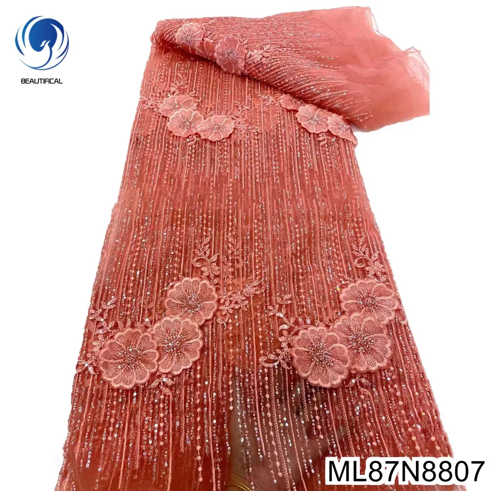 Beautifical African Lace Fabrics 2023 New Fashion 3d Nigerian net lace with sequins 5yards for wedding dress ML87N88