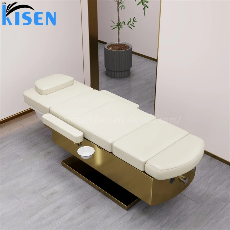 Kisen luxury gold electric foot spa salon facial beauty bed multi-function 3 motors hair wash shampoo massage one-piece table