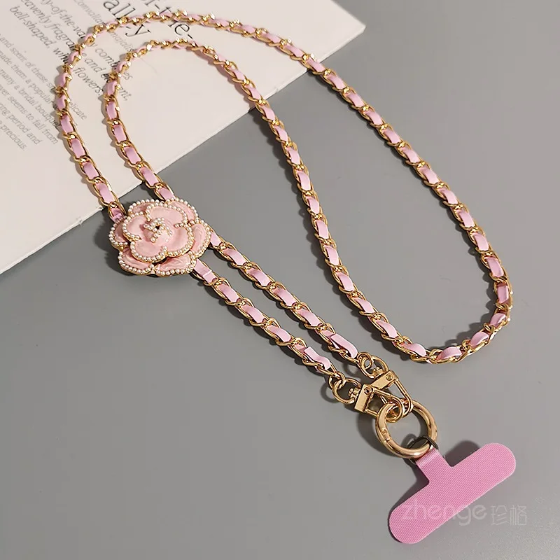 Camellia leather chain Phone Strap With Flower Clip And Go Strap For Phone Crossbody Phone Lanyard Crossbody