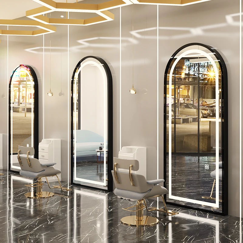 European Style Wall-Mounted Barber Shop Hair Cutting Mirror Modern LED Light Simple Glass Salon Mirror