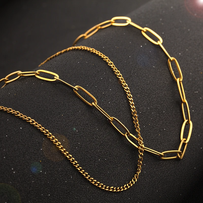 Из нержавеющей стали ювелирные изделия из жемчуга для женщин 18K золото Колье скрепки ссылка Двойной слоистых цепи