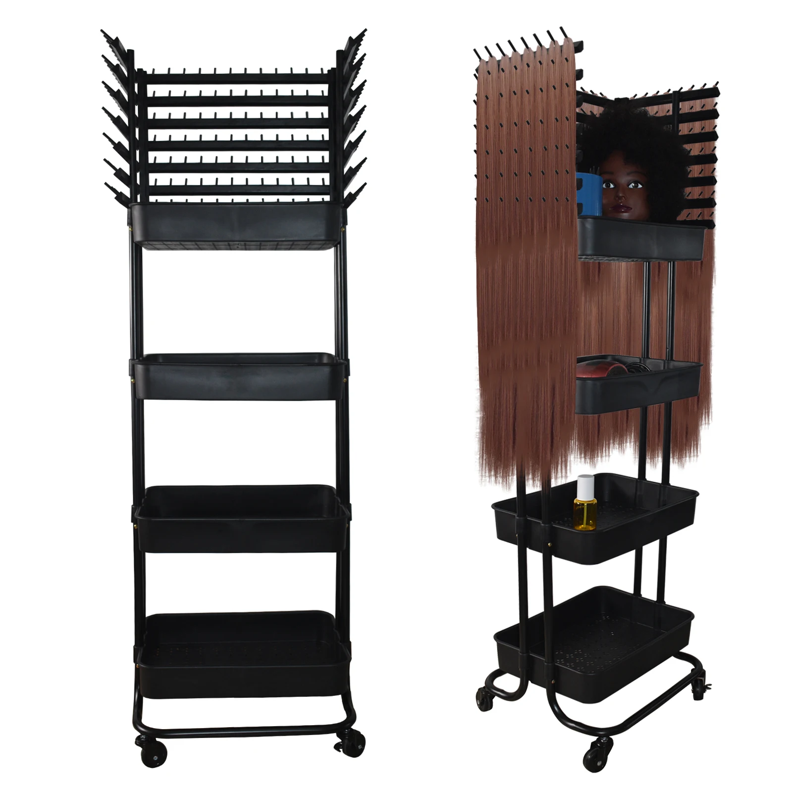 Braiding Hair Rack with 196 Pegs Braiding Rack with 4 Levels of Storage Space 4 Wheels Hair Racks for Braiders Standing