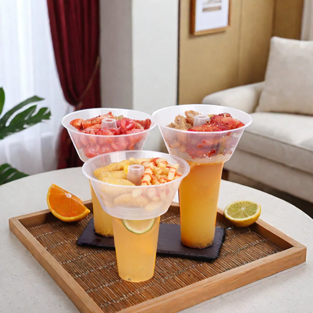 Disposable 500ml PP Plastic Drink Cup with Snack Tray for Milk Tea Fruit Salad Juice Food Grade Material