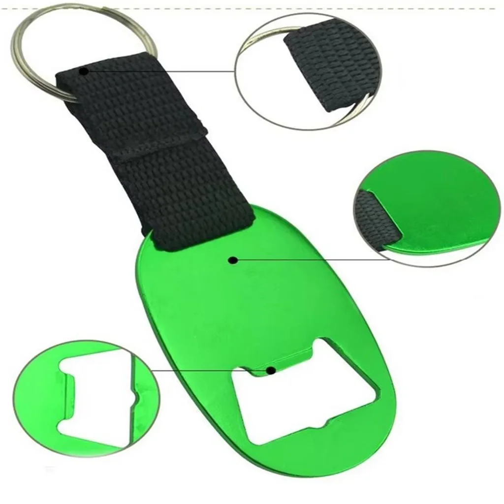 Hot promotional cheap manual metal blank aluminum alloy woven ribbon strap oval custom beer can wine bottle opener with keychain