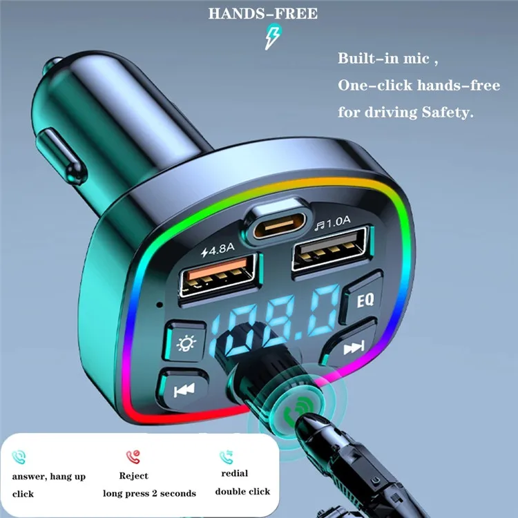 USB 4.2A Car Wireless 5.0 Charger FM Transmitter PD 18W Type-C Dual Colorful MP3 Music Player