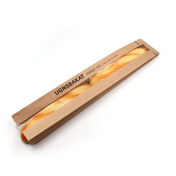 custom eco-friendly recycled retail bakery packaging french baguette kraft paper bread bag with window