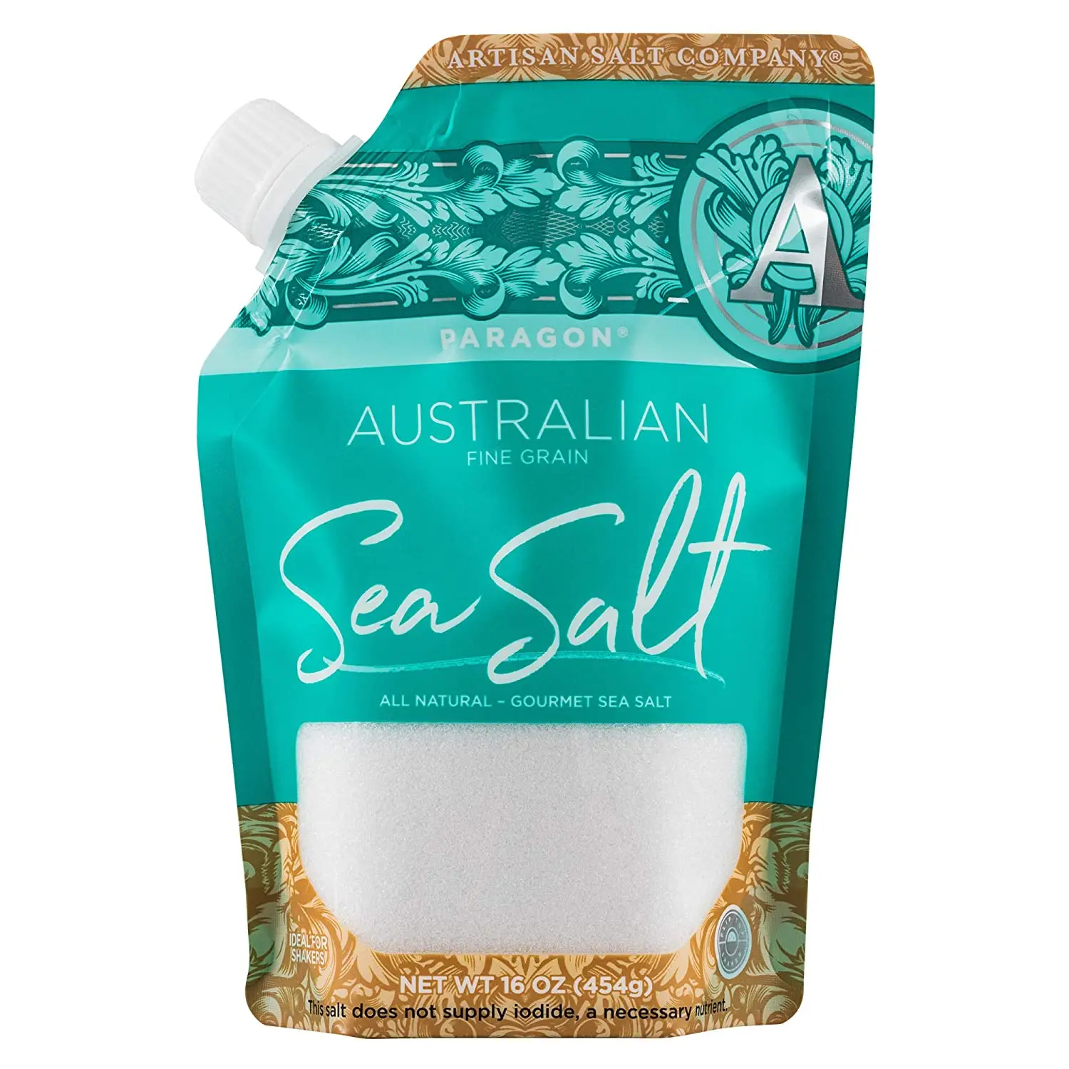Factory Low MOQ Printing Logo Organic Pack Bag All Natural Pour Spout Pouch 16 Ounce Fine Australian Sea Salt