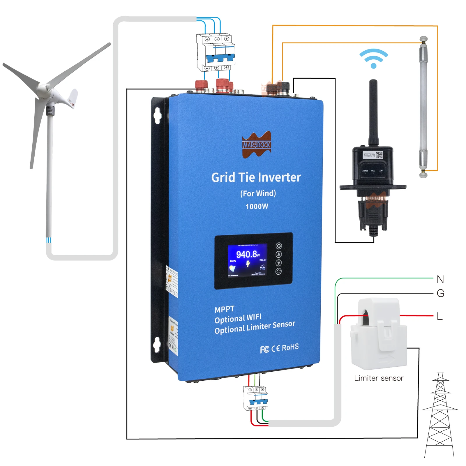 230V 1000W Converter for 24V 48V Wind Turbine with Limiter Sensor WIFI Grid Tie Wind Power Inverter Energy Storage  System