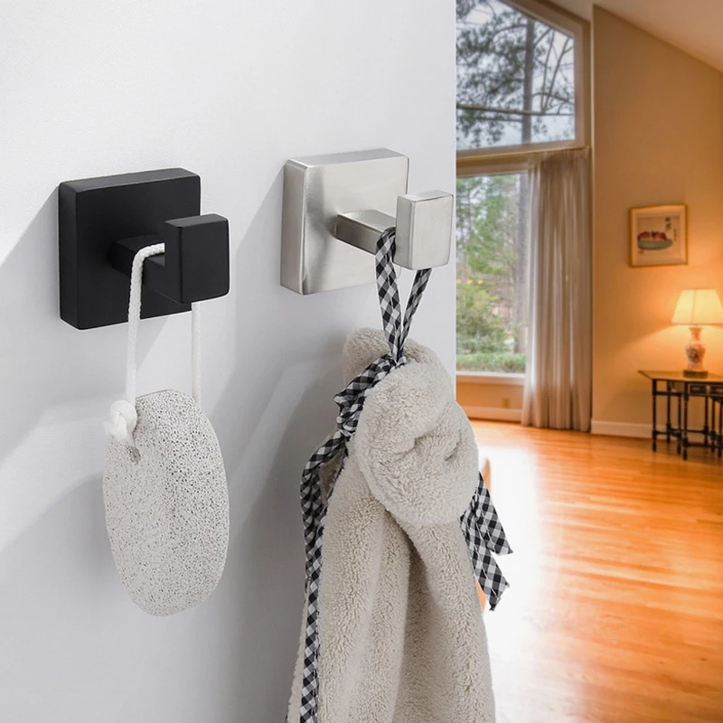 Unique Design Towel Hooks for Bathrooms Brush Nickel Stainless Steel Hook Modern Square Heavy Duty Wall Mount Clothes Hook