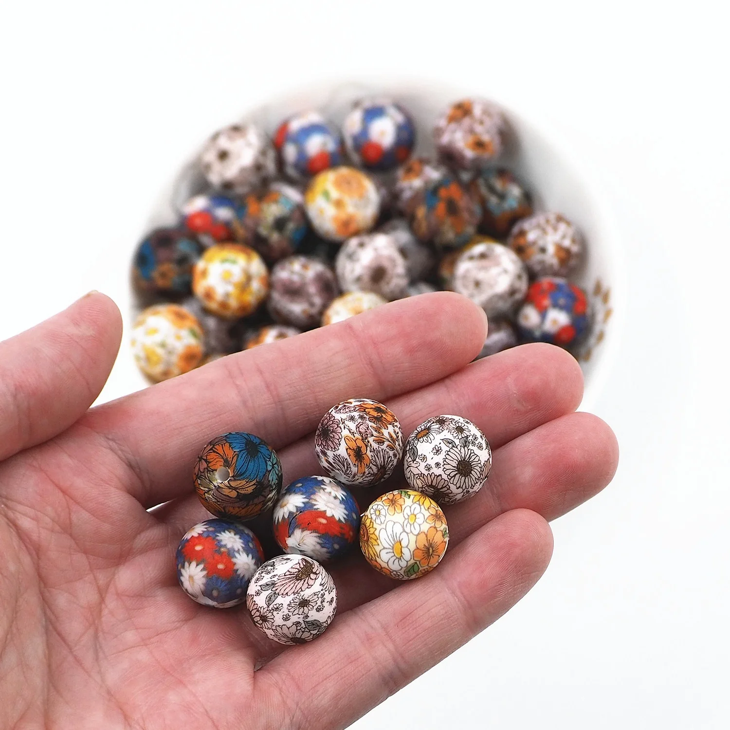 Custom Jewelry Making DIY Keychain Handmade Products Pen Beaded Round Flower Printed Silicone Beads 15mm