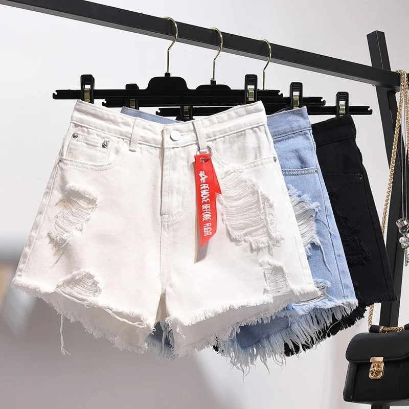 Summer Tassel Ripped Denim Shorts Black White Blue Skinny High Waisted Casual Women Hole Jean Short