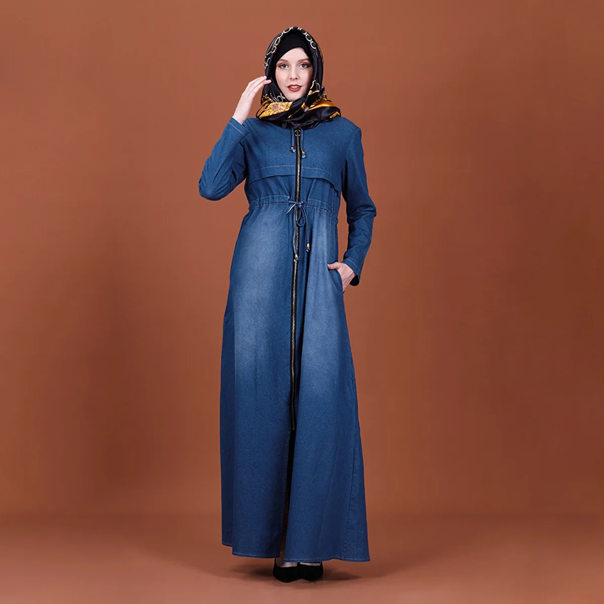 European And American Summer Temperament Hood Slim Body Large Pocket Wash Denim Long Skirt Muslim Dress