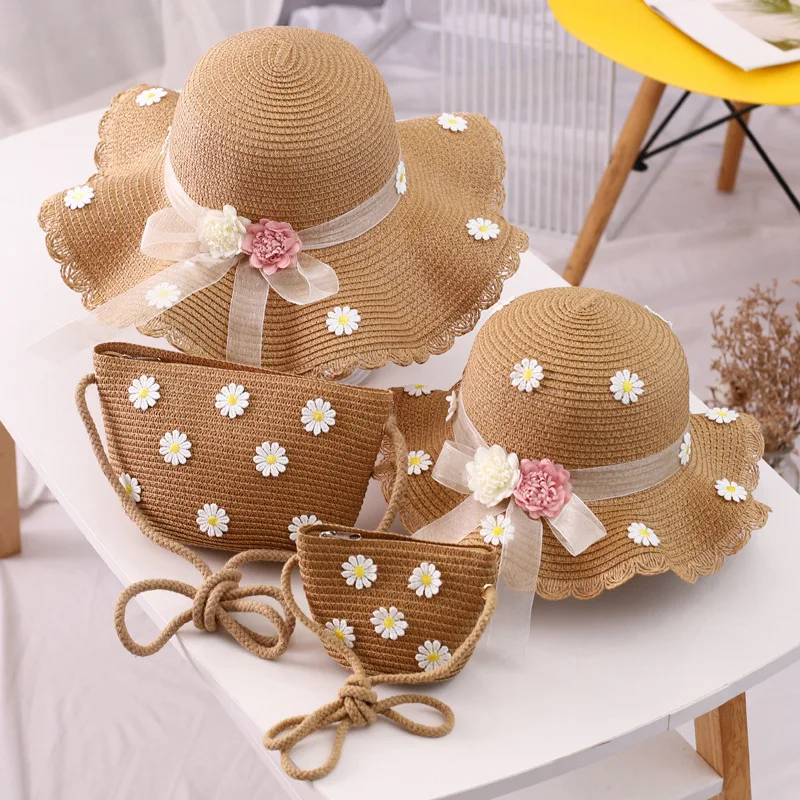 Straw Cap Summer Hat and Bag Set with Big Bow Dot Design Beach Paper Children Unisex Image Sombrero straw hats for children