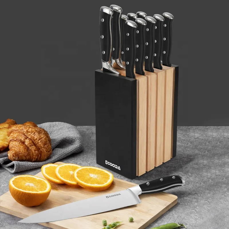 GOODA 11 Piece High Carbon Stainless Steel Cutlery Kitchen Knife Block Set w/ABS Triple Riveted Forged Handle Acacia Wood Block