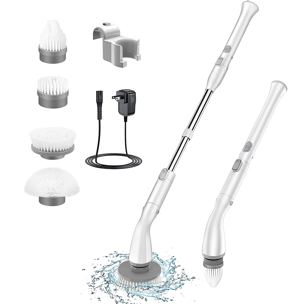 Electric spin scrubber turbo scrub cleaning brush chargeable cordless power scrubber with extension handle adaptive brush tub