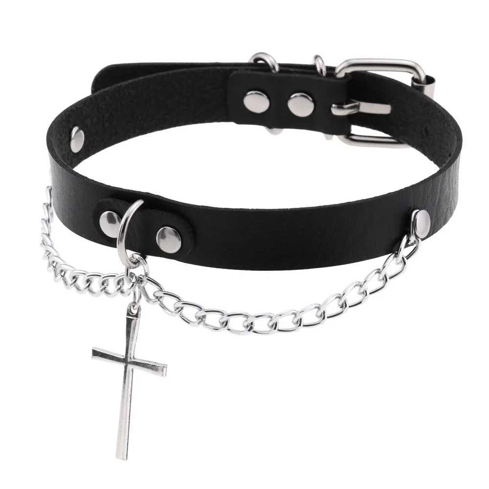 Punk Leather Chain Cross Choker Collar Necklace Classic Cross Pendant Neck Strap Choker Necklace