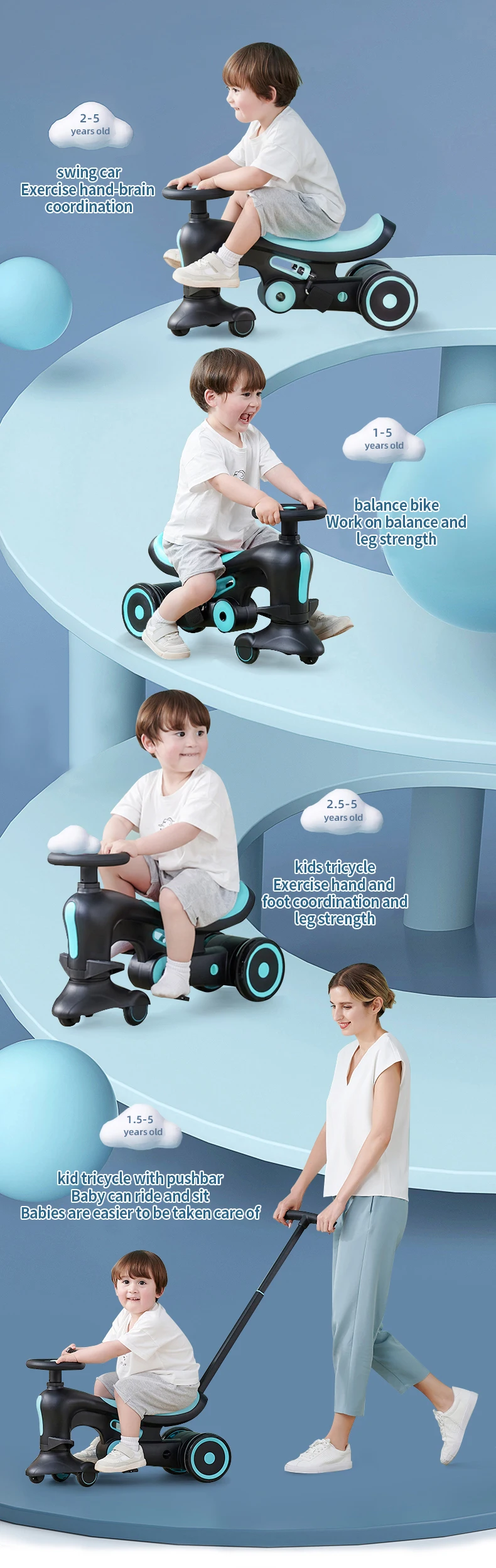 China wholesales 2021 new design 4IN1 baby swing car with push bar and stored pedals baby kids children sliding car ride on toys