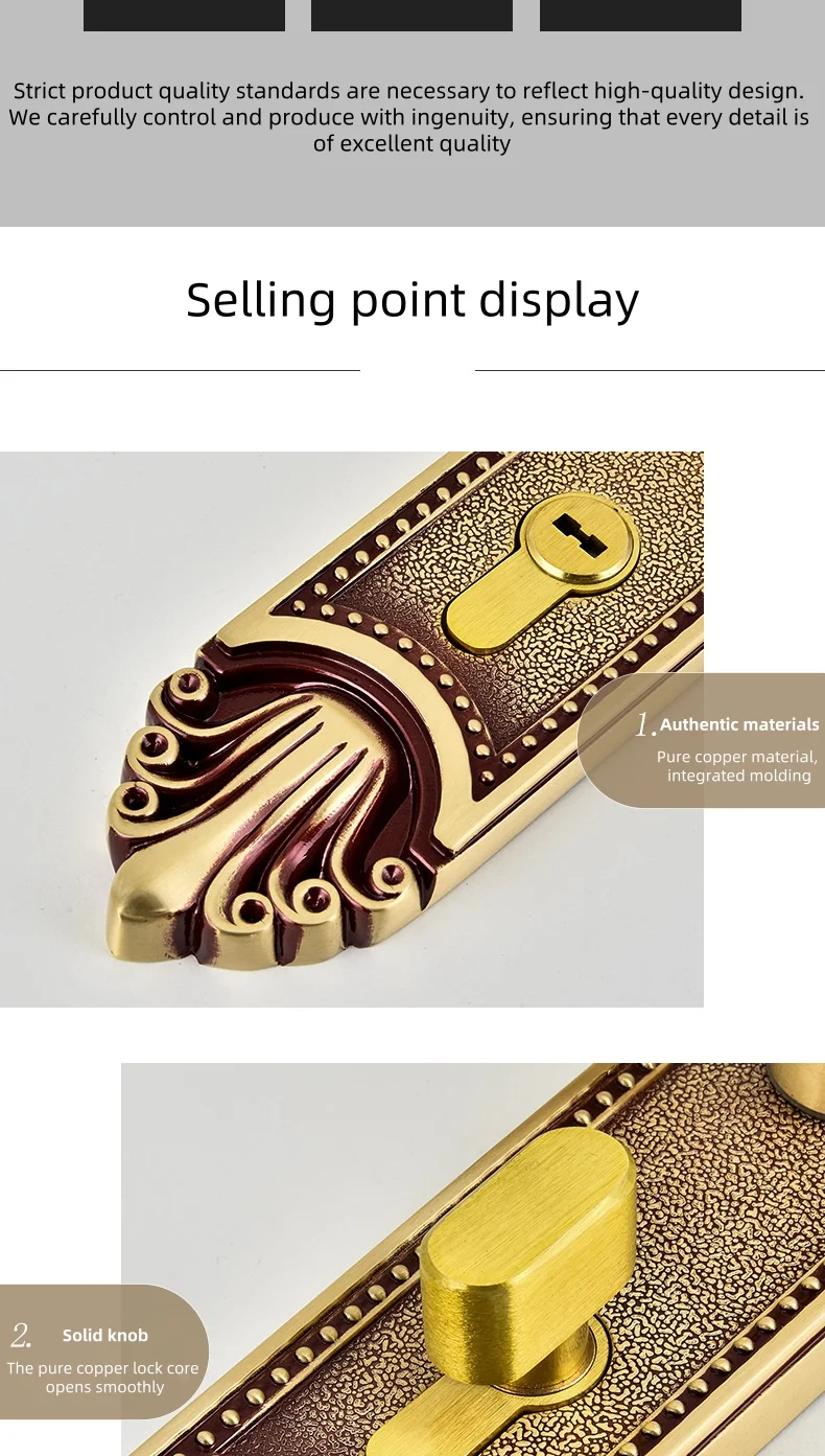 Global durable solid brass copper gold door handle for wooden doors