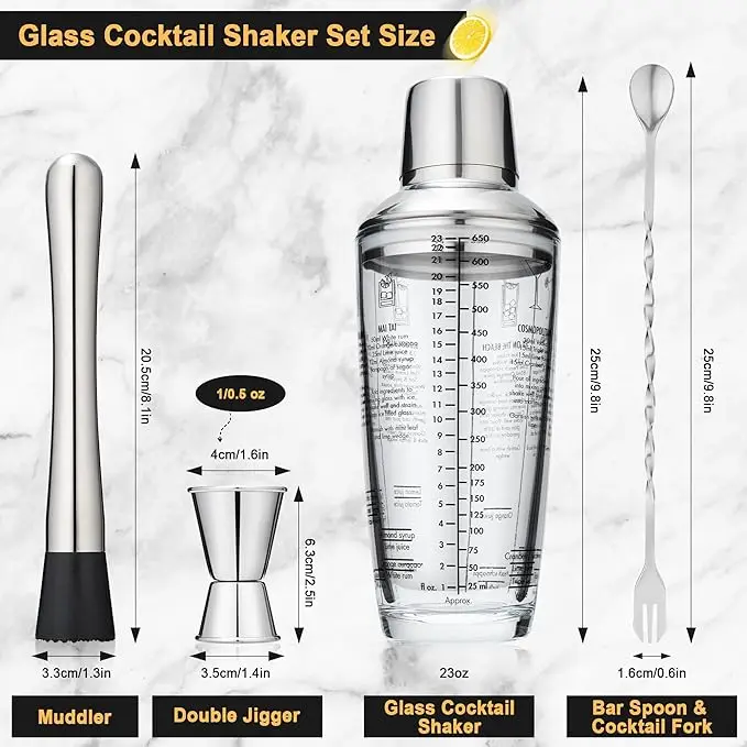 23 oz Glass Cocktail Shaker Set 4 PCS Bartender Kit Martini Mixer Shaker with Built-in Strainer  Bar Tool Set