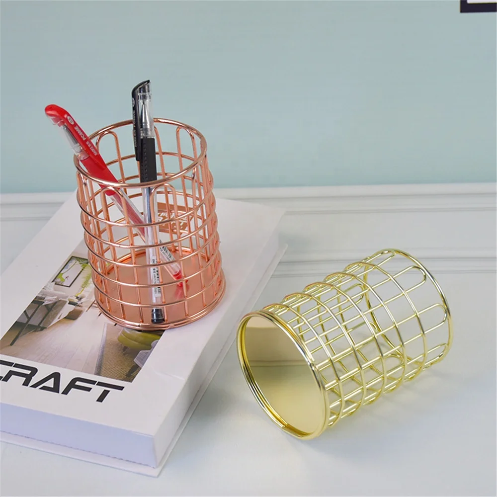 Rose Gold Pen Holder Cup for Home Office Desk Organizers Steel Wire Round Pencil Pot Flower Vase Makeup Brushes Storage Organize
