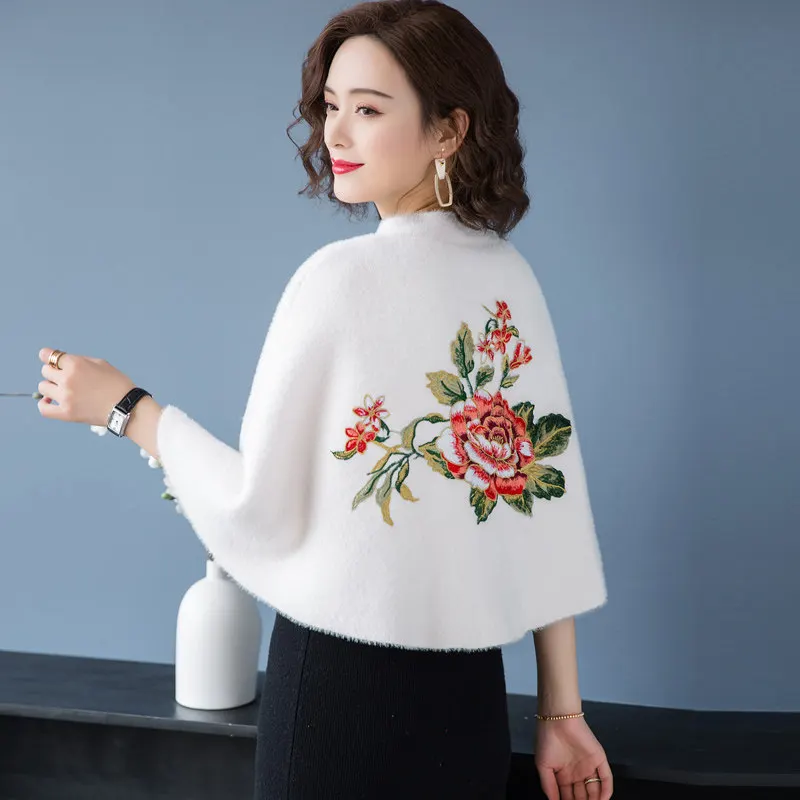 2021 Элегантная короткая шаль из меха норки с вышивкой на спине, зимний теплый свитер для банкета, мягкое вязаное изысканное женское пончо с пряжкой