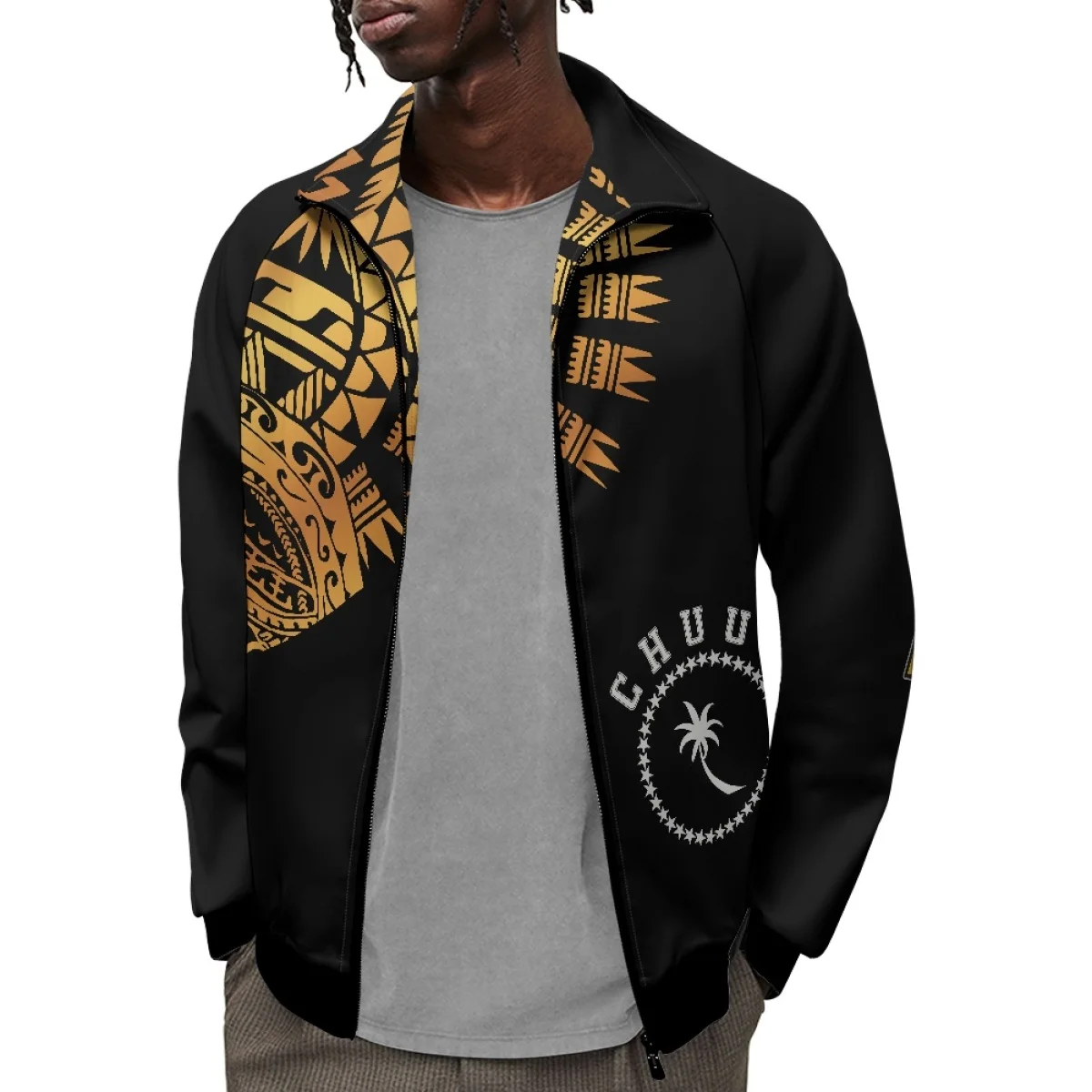 Zip Up Jacket Custom Chuuk State Flag Coat of Arm with Polynesian Tribal Tattoo in Gold Casual Men Funnel Neck Open Sweatshirt