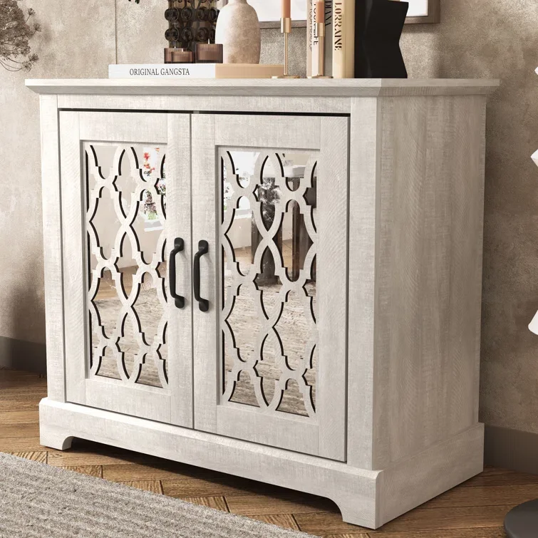 29.3' Tall Wooden Vintage 2 Door Mirrored Living Room Antique Furniture Accent Cabinet