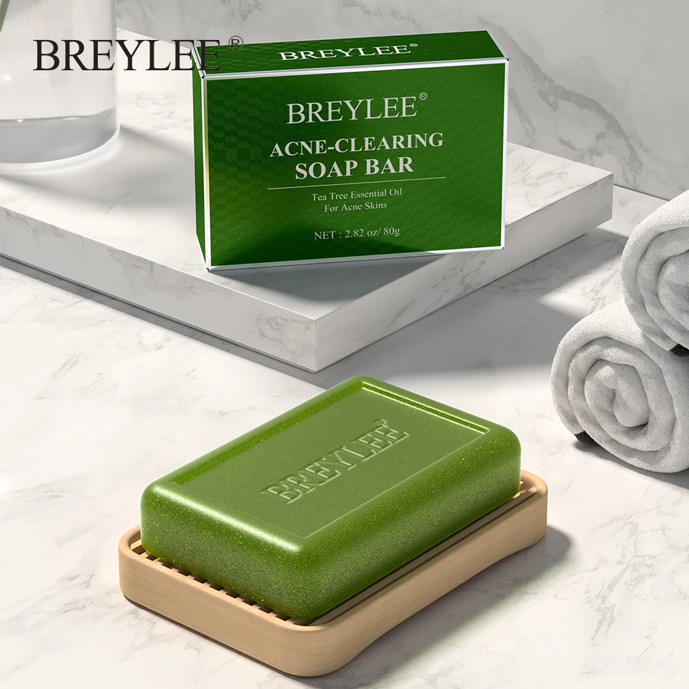 BREYLEE Organic Acne Treatment Tea Tree Soap Handmade Pimples Bar Oil Control Cleans Face Body Skin Care Bath