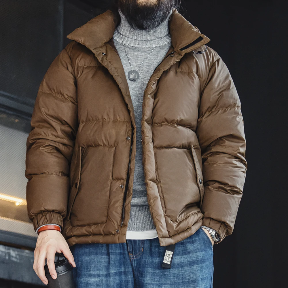 Maden Wholesale Men Down Jacket Vintage Workwear Retro Waxed Winter Cold-Resistant Hooded Thick Stand Collar Puffer Coat Winter