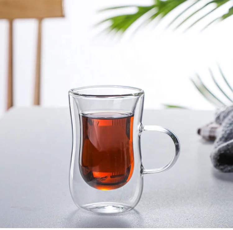 Wholesale Customized Logo Large 80ml Clear  Double Wall Glass Coffee Tea Cups Mugs With Handle