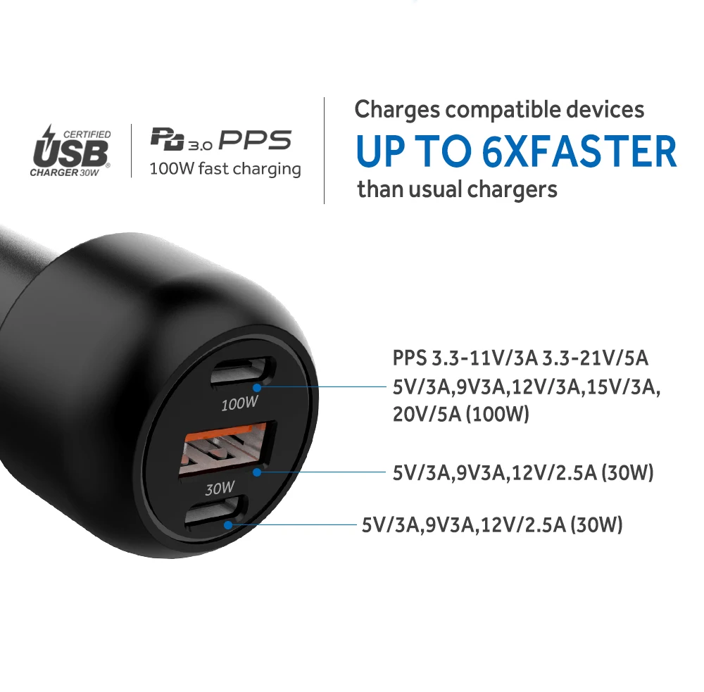 IBD 2022 New Product 100W 3 Port Car Usb Qc 3.0 Charger Fast Charging Quick Charge Type-C 3 Usb Car Charger For Phone