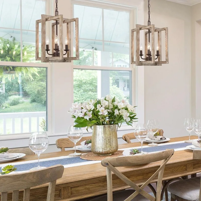 American Rustic Retro Chandelier Square wrought iron and wood art Pendant Light for Dinning Room