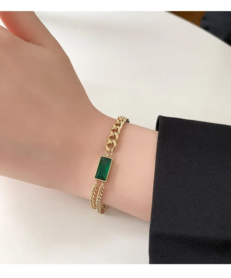 Cuban chain necklace women fashion gold plated earrings emerald zirconia wholesale jewelry sets ensembles de bijoux