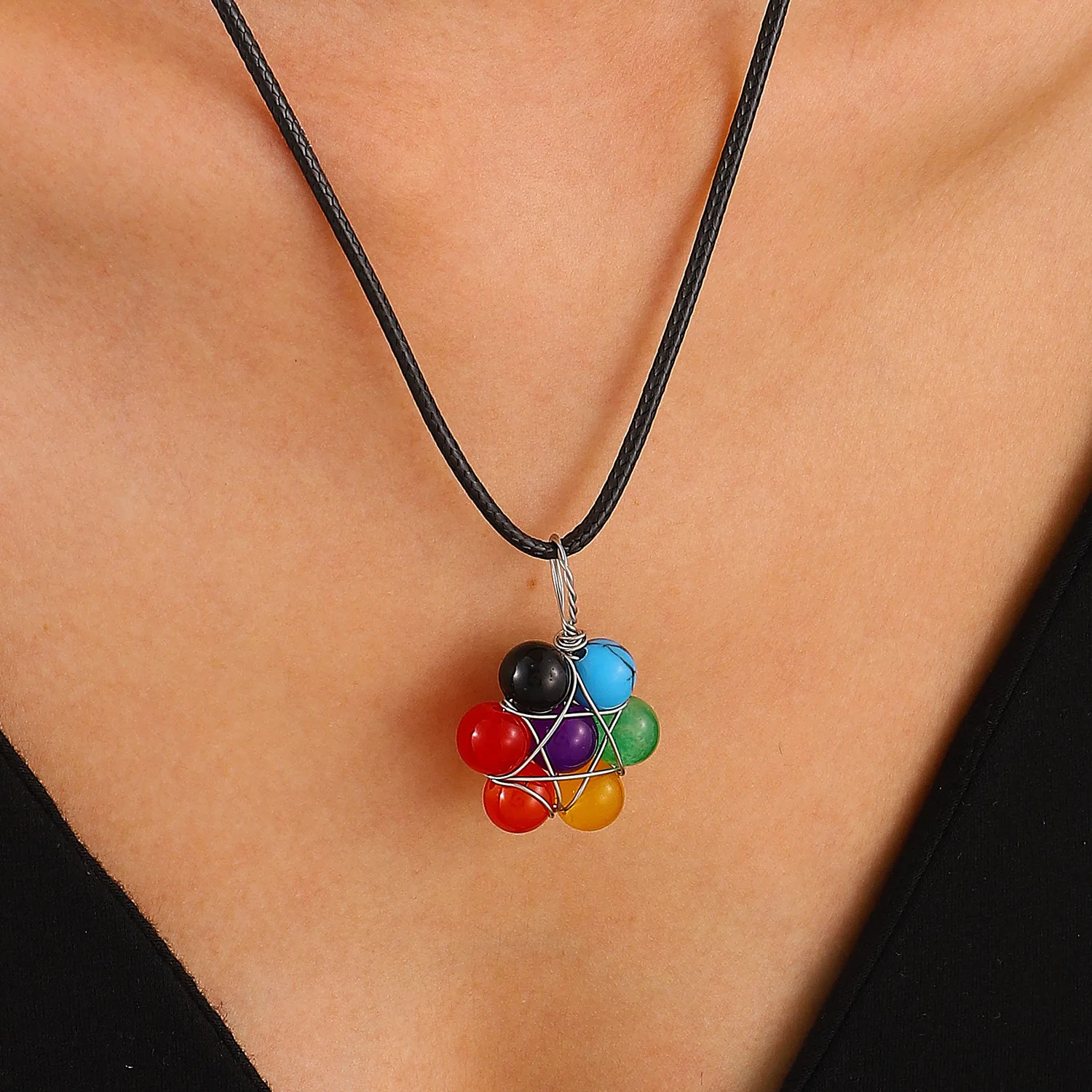 Vintage DIY Beaded Geometric Necklaces Black Rope Silver Stainless Steel Chain Rainbow Natural Stone Necklaces