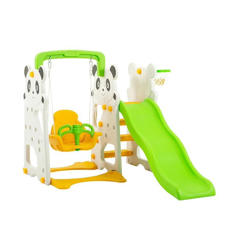 Panda style heavy slide and swing with basketball frame set for kids play