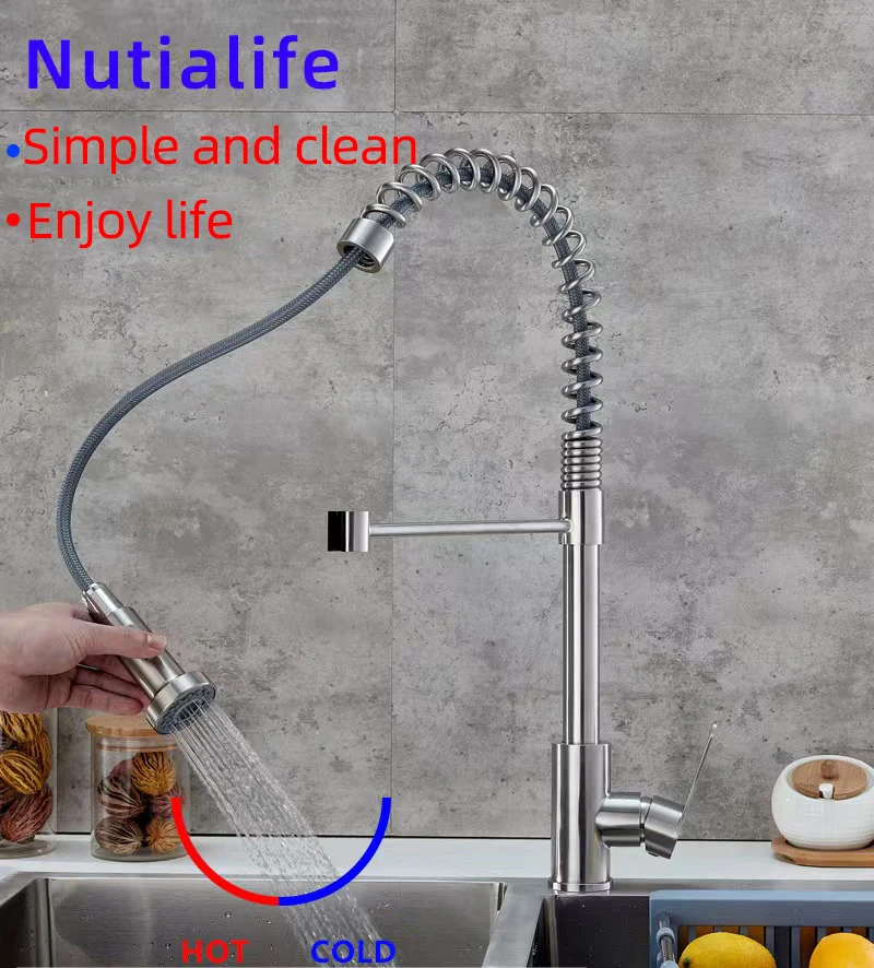 Deck Mounted  Stainless Steel Hot Cold Water Flexible Hoses Single Handle Pull-Out Kitchen Faucets
