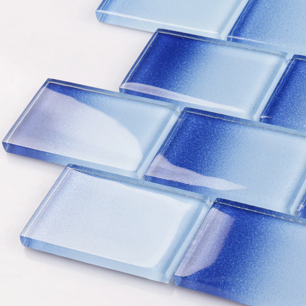 Foshan manufacturer gradient dark blue crystal glass mosaic tile for pool outdoor