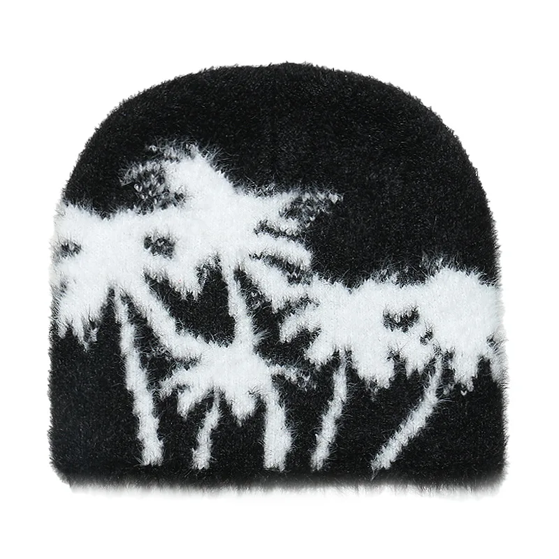 Autumn Winter Unisex Outdoor Plush Mohair Beanie Custom Logo Knitted Hat Coconut Tree Jacquard Beanie Furry Cold Hat