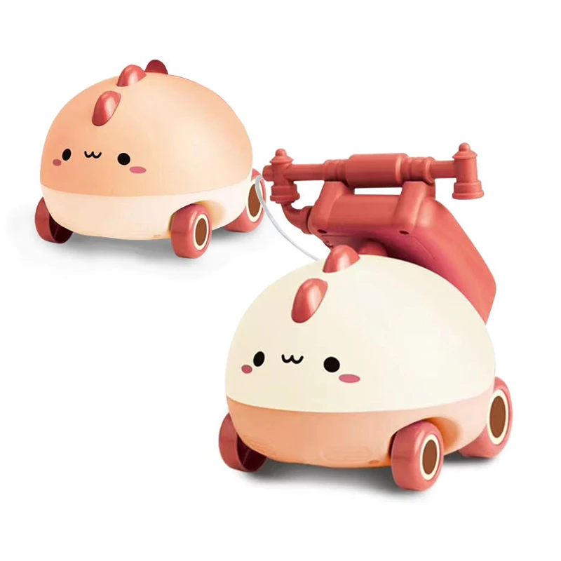 QS Wholesale Educational Gift Plastic Mini Cartoon Dinosaur Musical Hand Pull Line Call Play Telephone Holder Cars Toys For Kids