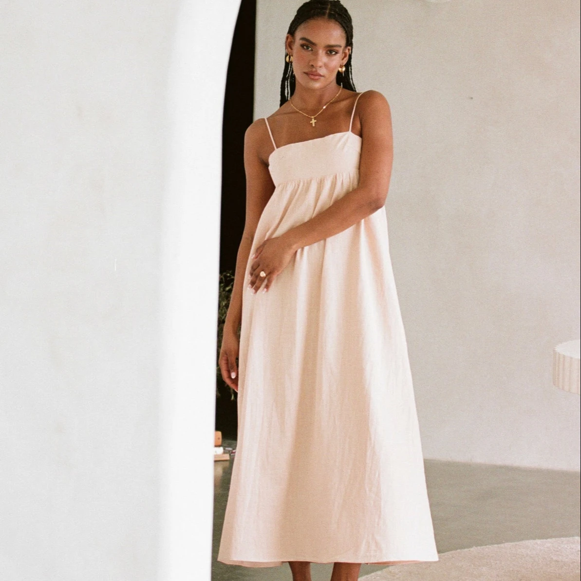 Straight neckline adjustable straps bust seam plus size cotton long dress