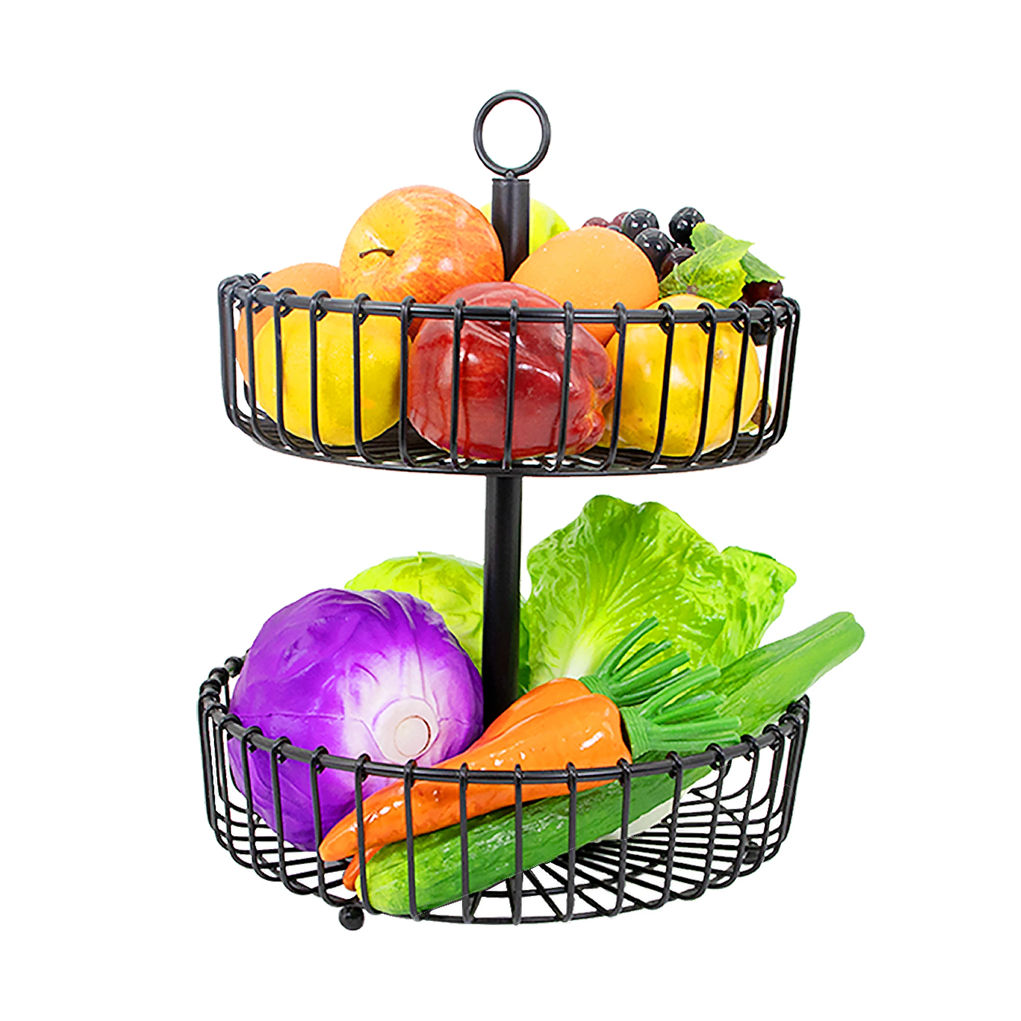 Good Quality 2 Tier Wicker Collapsible Fruit Drain Iron Basket With Banana Hanger