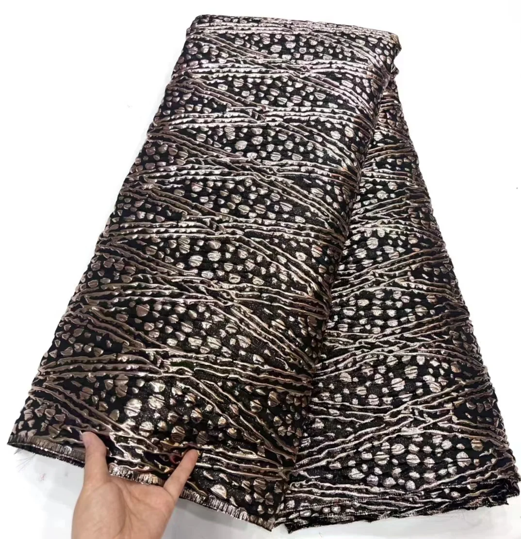 Latest design gold threads jacquard lace fabric polyester garment materials