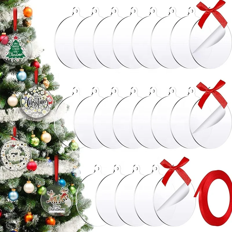 100 Pcs Clear Round Acrylic Ornaments Clear Acrylic Christmas Ornaments DIY Blank Round Acrylic Christmas Ornament with Red Ribb