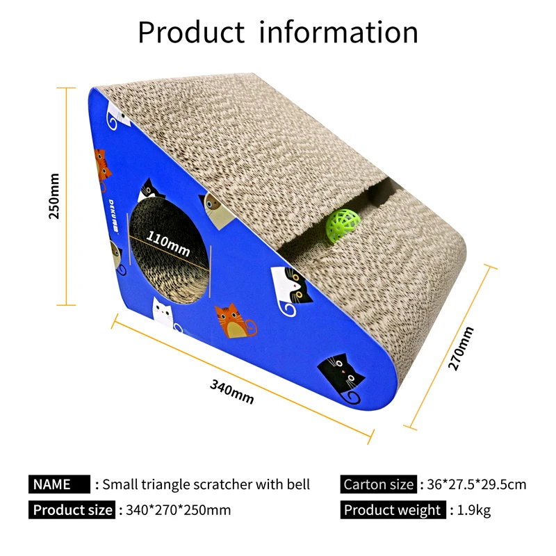 DEKU Ultimate Scratching Post Triangle Shape Cardboard Cat Scratchers Carton Customized Logo OEM Pet Toys CATNIP Toys CN;GUA